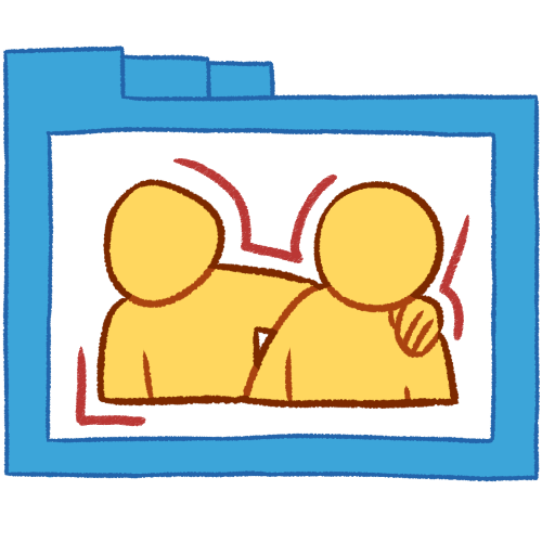  A drawing of a hollow blue folder with thin lines containing two emoji yellow people from the bust up, with one putting their hand on the other's shoulder. There are some pink lines around them.